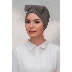 Hürrem Bone 7010_10 Vizon Sandy Kumaş Fiyonklu Büzgülü Pratik Hazır Geçmeli Tesettür Bone