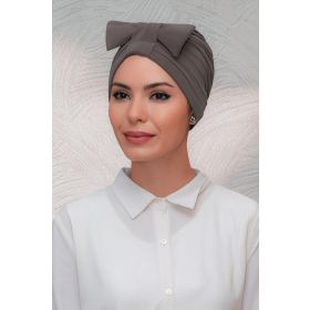 Hürrem Bone 7010_10 Vizon Sandy Kumaş Fiyonklu Büzgülü Pratik Hazır Geçmeli Tesettür Bone