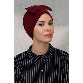 Hürrem Bone 7010_16 Bordo Sandy Kumaş Fiyonklu Büzgülü Pratik Hazır Geçmeli Tesettür Bone