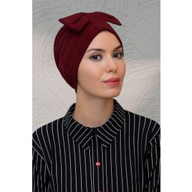 Hürrem Bone 7010_16 Bordo Sandy Kumaş Fiyonklu Büzgülü Pratik Hazır Geçmeli Tesettür Bone