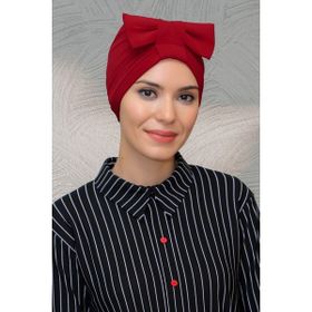 Hürrem Bone 7010_31 Kırmızı Sandy Kumaş Fiyonklu Büzgülü Pratik Hazır Geçmeli Tesettür Bone