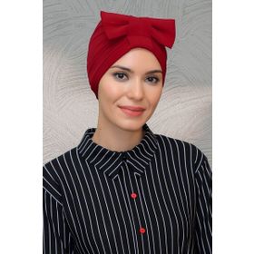Hürrem Bone 7010_31 Kırmızı Sandy Kumaş Fiyonklu Büzgülü Pratik Hazır Geçmeli Tesettür Bone