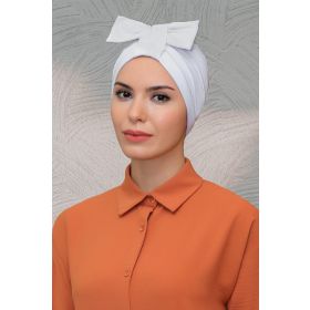 Hürrem Bone 7010_42 Beyaz Sandy Kumaş Fiyonklu Büzgülü Pratik Hazır Geçmeli Tesettür Bone