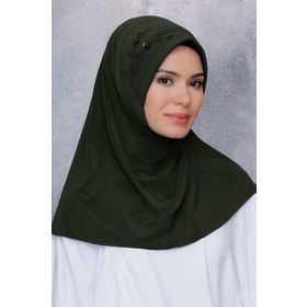 Hürrem Bone Sandy Elişi Çiçek İşlemeli Pullu Haki Geçmeli Eşarp