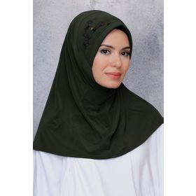 Hürrem Bone Sandy Elişi Çiçek İşlemeli Pullu Haki Geçmeli Eşarp