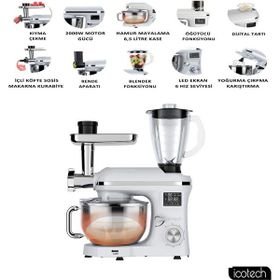 Icotech SM50 Beyaz LED Ekranlı Hamur Mayalama Kıyma Çekme Blender 2000 W 6.5 lt Stand Mikser Mutfak Şefi Hamur Yoğurma Makinesi