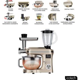 Icotech SM50 Gold LED Ekranlı Hamur Mayalama Kıyma Çekme Blender 2000 W 6.5 lt Stand Mikser Mutfak Şefi Hamur Yoğurma Makinesi