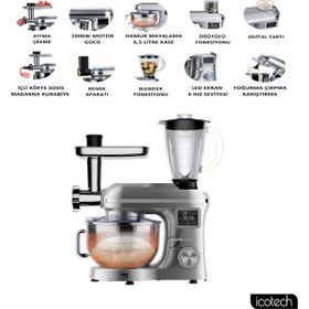 Icotech SM50 Gümüş LED Ekranlı Hamur Mayalama Kıyma Çekme Blender 2000 W 6.5 lt Stand Mikser Mutfak Şefi Hamur Yoğurma Makinesi