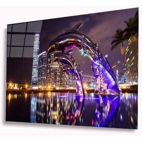 İdeal Glass Art Işıklı Yunuslar 4 mm Dayanıklı Temperli Cam Tablo