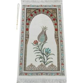 İhvan Osmanlı Kemer Mihraplı Lale Motifli Şönil Beyaz Seccade