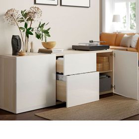 IKEA Besta Kombinasyon Ağartılmış Meşe Görünümlü Parlak Cila Beyaz 180x42x65 cm Dolap