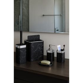 İmera Akrilik Yapım Gümüş Çizgi Siyah Mermer Desen Soft 5'li Kare Banyo Seti
