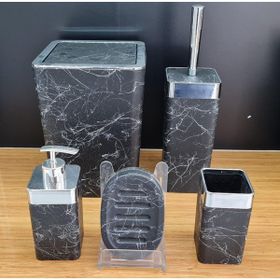 İmera Akrilik Yapım Gümüş Çizgi Siyah Mermer Desen Soft 5'li Kare Banyo Seti
