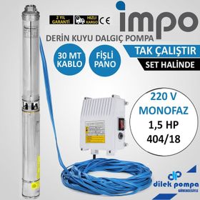 İmpo SK404-14 1.5 HP Technoplast Başlıklı 20 MT Yassı Kablolu ve Panolu 40 mt Halatlı Çift Vanalı Akıtma Başlıklı Monofaze Takım Dalgıç Pompa