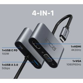 Inca ITPC-06T Type-C Hub X4 Hdmi 4K30 Hz+ VGA+ USB 3.0+PD 100W Alüminyum Kasa Çoklayıcı
