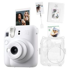 Instax Mini 12 Beyaz 10'lu Film Kıskaçlı Stand PVC Albüm Simli Pleksi Kılıf ve Fotoğraf Makinesi Seti