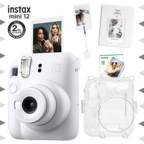 Instax Mini 12 Beyaz 10'lu Film Kıskaçlı Stand PVC Albüm Simli Pleksi Kılıf ve Fotoğraf Makinesi Seti