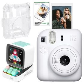 Instax Mini 12 Beyaz 10'lu Film Şeffaf Kılıf Divoom Ditoo Pro Beyaz Uyarlanabilir Piksel Ekranlı Bluetooth Hoparlör ve Fotoğraf Makinesi
