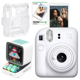 Instax Mini 12 Beyaz 10'lu Film Şeffaf Kılıf Divoom Ditoo Pro Beyaz Uyarlanabilir Piksel Ekranlı Bluetooth Hoparlör ve Fotoğraf Makinesi
