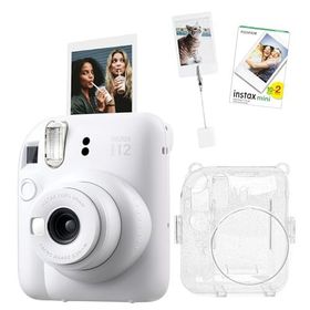 Instax Mini 12 Beyaz 20'li Film Kıskaçlı Resim Standı Simli Pleksi Kılıf ve Fotoğraf Makinesi Seti