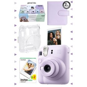 Instax Mini 12 Lila 20'lu Film Kare Albüm Şeffaf Kılıf ve Fotoğraf Makinesi Seti