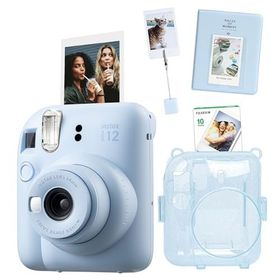 Instax Mini 12 Mavi 10'lu Film Kıskaçlı Stand PVC Albüm Simli Pleksi Kılıf ve Fotoğraf Makinesi Seti