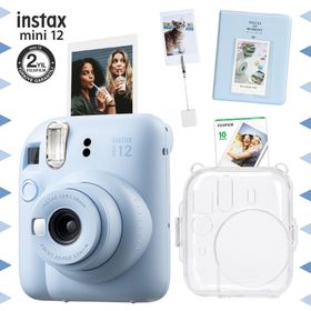 Instax Mini 12 Mavi 10'lu Film Kıskaçlı Stand PVC Albüm Simli Pleksi Kılıf ve Fotoğraf Makinesi Seti