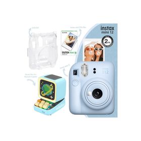 Instax Mini 12 Mavi 10'lu Film Şeffaf Kılıf Divoom Ditoo Pro Mavi Uyarlanabilir Piksel Ekranlı Bluetooth Hoparlör ve Fotoğraf Makinesi