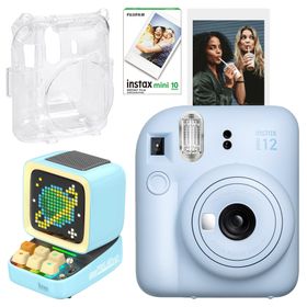 Instax Mini 12 Mavi 10'lu Film Şeffaf Kılıf Divoom Ditoo Pro Mavi Uyarlanabilir Piksel Ekranlı Bluetooth Hoparlör ve Fotoğraf Makinesi