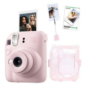 Instax Mini 12 Pembe 10'lu Film Kıskaçlı Resim Standı Simli Pleksi Kılıf ve Fotoğraf Makinesi Seti