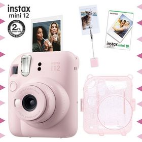 Instax Mini 12 Pembe 10'lu Film Kıskaçlı Resim Standı Simli Pleksi Kılıf ve Fotoğraf Makinesi Seti