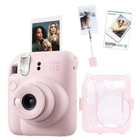 Instax Mini 12 Pembe 10'lu Film Kıskaçlı Resim Standı Simli Pleksi Kılıf ve Fotoğraf Makinesi Seti