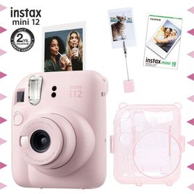 Instax Mini 12 Pembe 10'lu Film Kıskaçlı Resim Standı Simli Pleksi Kılıf ve Fotoğraf Makinesi Seti