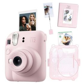 Instax Mini 12 Pembe 10'lu Film Kıskaçlı Stand PVC Albüm Simli Pleksi Kılıf ve Fotoğraf Makinesi Seti