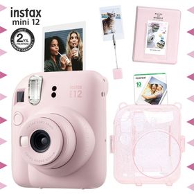 Instax Mini 12 Pembe 10'lu Film Kıskaçlı Stand PVC Albüm Simli Pleksi Kılıf ve Fotoğraf Makinesi Seti