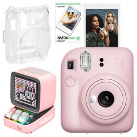 Instax Mini 12 Pembe 10'lu Film Şeffaf Kılıf Divoom Ditoo Pro Pembe Uyarlanabilir Piksel Ekranlı Bluetooth Hoparlör ve Fotoğraf Makinesi