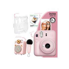 Instax Mini 12 Pembe 10'lu Film Şeffaf Kılıf Divoom Fairy-OK Pembe Karaoke Mikrofonlu FM Radyolu Bluetooth Hoparlör ve Fotoğraf Makinesi