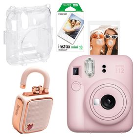 Instax Mini 12 Pembe 10'lu Film Şeffaf Kılıf Divoom LoveLock Mini Ses Kayıt Özellikli Bluetooth Hoparlör ve Fotoğraf Makinesi