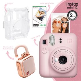 Instax Mini 12 Pembe 10'lu Film Şeffaf Kılıf Divoom LoveLock Mini Ses Kayıt Özellikli Bluetooth Hoparlör ve Fotoğraf Makinesi