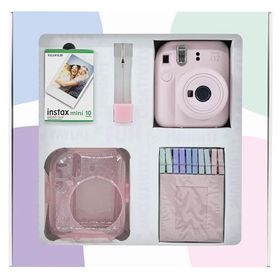 Instax Mini 12 Pembe 10'lu Film Simli Pleksi Kılıf Mandal Kıskaçlı Resim Standı Bundle Box ve Fotoğraf Makinesi