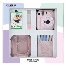 Instax Mini 12 Pembe 10'lu Film Simli Pleksi Kılıf Mandal Kıskaçlı Resim Standı Bundle Box ve Fotoğraf Makinesi