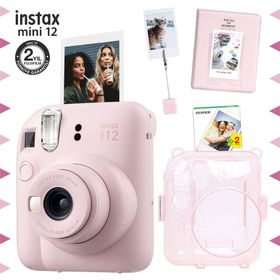 Instax Mini 12 Pembe 20'li Film Kıskaçlı Stand PVC Albüm Simli Pleksi Kılıf ve Fotoğraf Makinesi Seti