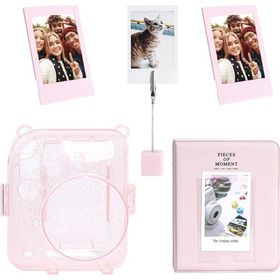 Instax Mini 12 Simli Şeffaf Pembe Kılıf PVC 64'lü Albüm ve Fotoğraf Çerçeveleri Aksesuar Seti