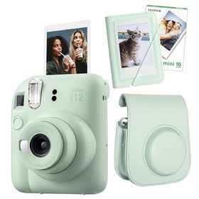 Instax Mini 12 Yeşil 10'lu Film Mini Albüm Deri Kılıf ve Fotoğraf Makinesi Seti