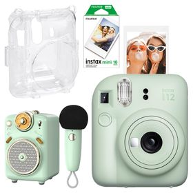 Instax Mini 12 Yeşil 10'lu Film Şeffaf Kılıf Divoom Fairy OK Yeşil Karaoke Mikrofonlu FM Radyolu Bluetooth Hoparlör ve Fotoğraf Makinesi