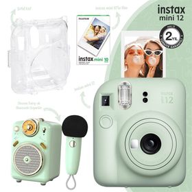 Instax Mini 12 Yeşil 10'lu Film Şeffaf Kılıf Divoom Fairy OK Yeşil Karaoke Mikrofonlu FM Radyolu Bluetooth Hoparlör ve Fotoğraf Makinesi