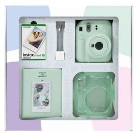 Instax Mini 12 Yeşil 10'lu Film Simli Pleksi Kılıf PVC Albüm Kıskaçlı Resim Standı Bundle Box ve Fotoğraf Makinesi