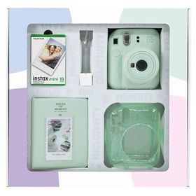 Instax Mini 12 Yeşil 10'lu Film Simli Pleksi Kılıf PVC Albüm Kıskaçlı Resim Standı Bundle Box ve Fotoğraf Makinesi