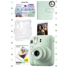 Instax Mini 12 Yeşil 20'lu Film Kare Albüm Şeffaf Kılıf ve Fotoğraf Makinesi Seti