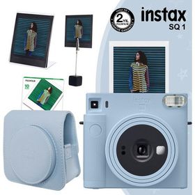 Instax SQ1 Buz Mavi 10'lu Kare Film Deri Kılıf Pleksi Çerçeve Kıskaçlı Stand ve Fotoğraf Makinesi